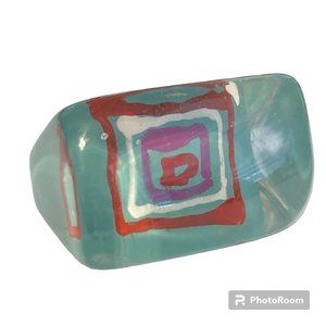 Vintage Lucite Acrylic Ring Size 7 Retro Abstract Hand Painted Blue Red Purple
